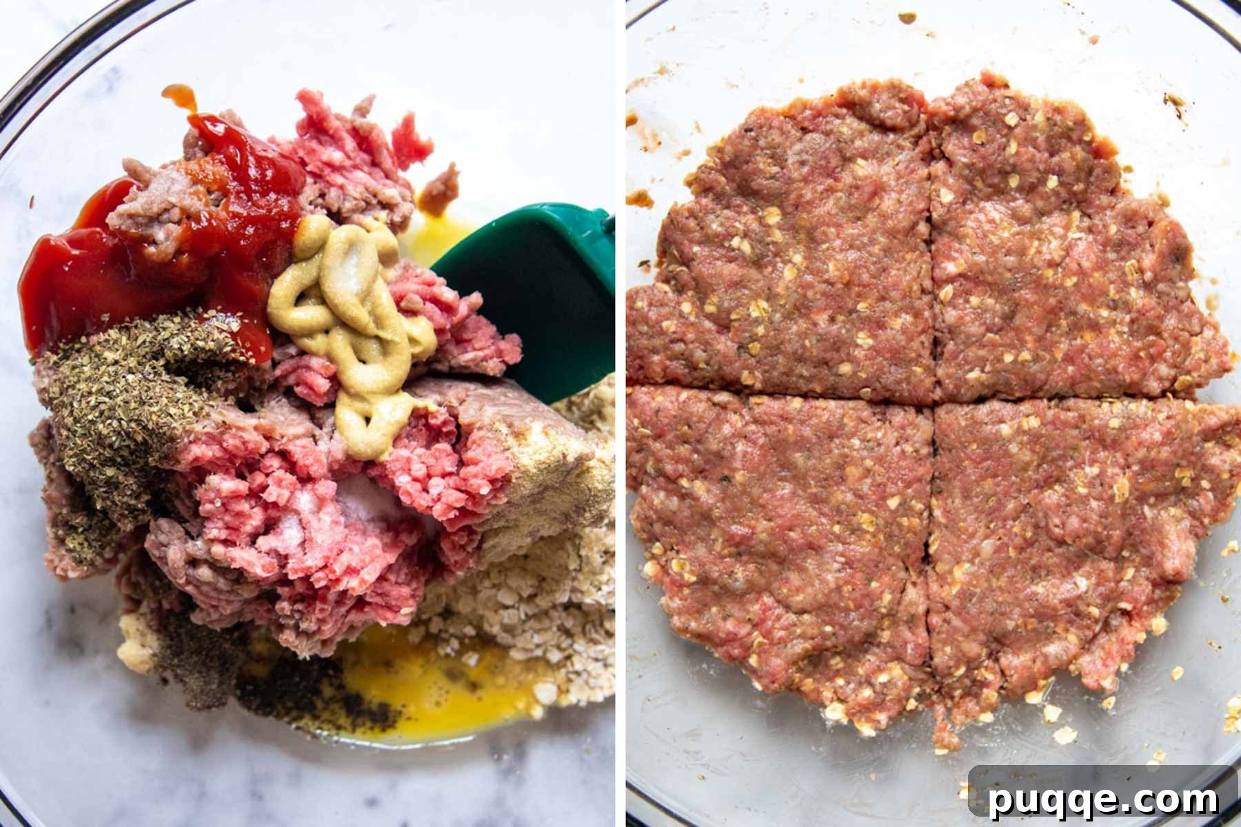 Images showing the process of mixing ingredients and shaping gluten-free hamburger steak patties for Salisbury steak.