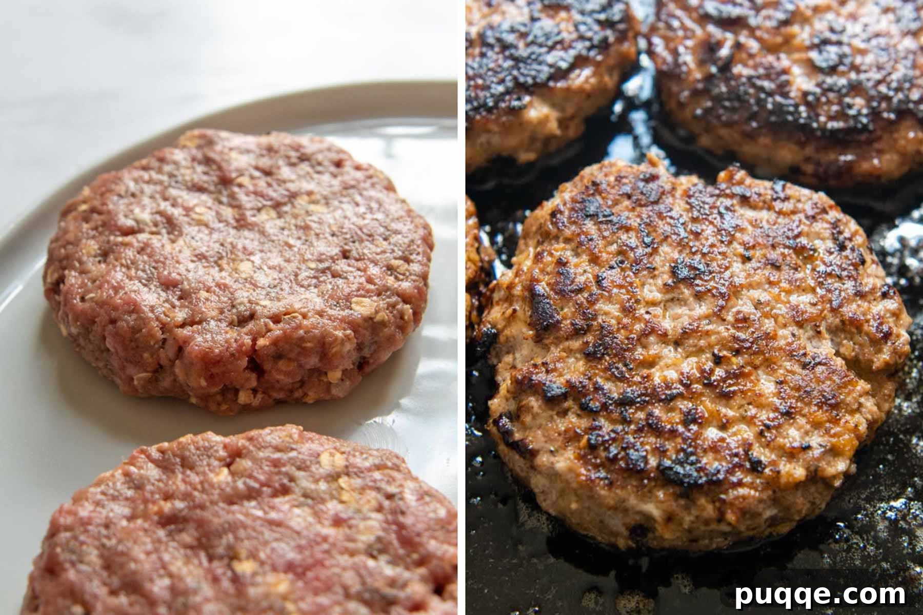 Images showing uncooked and perfectly seared gluten-free Salisbury steak patties in a skillet.