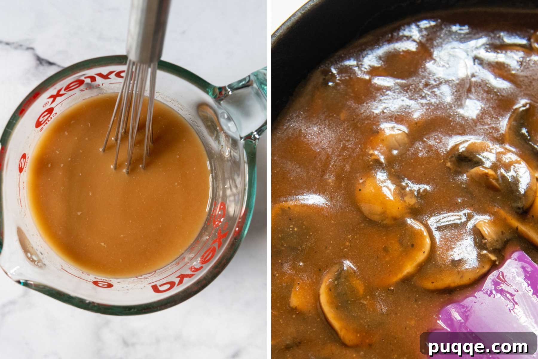 Images illustrating the preparation of the rich and creamy gluten-free mushroom gravy in a skillet.