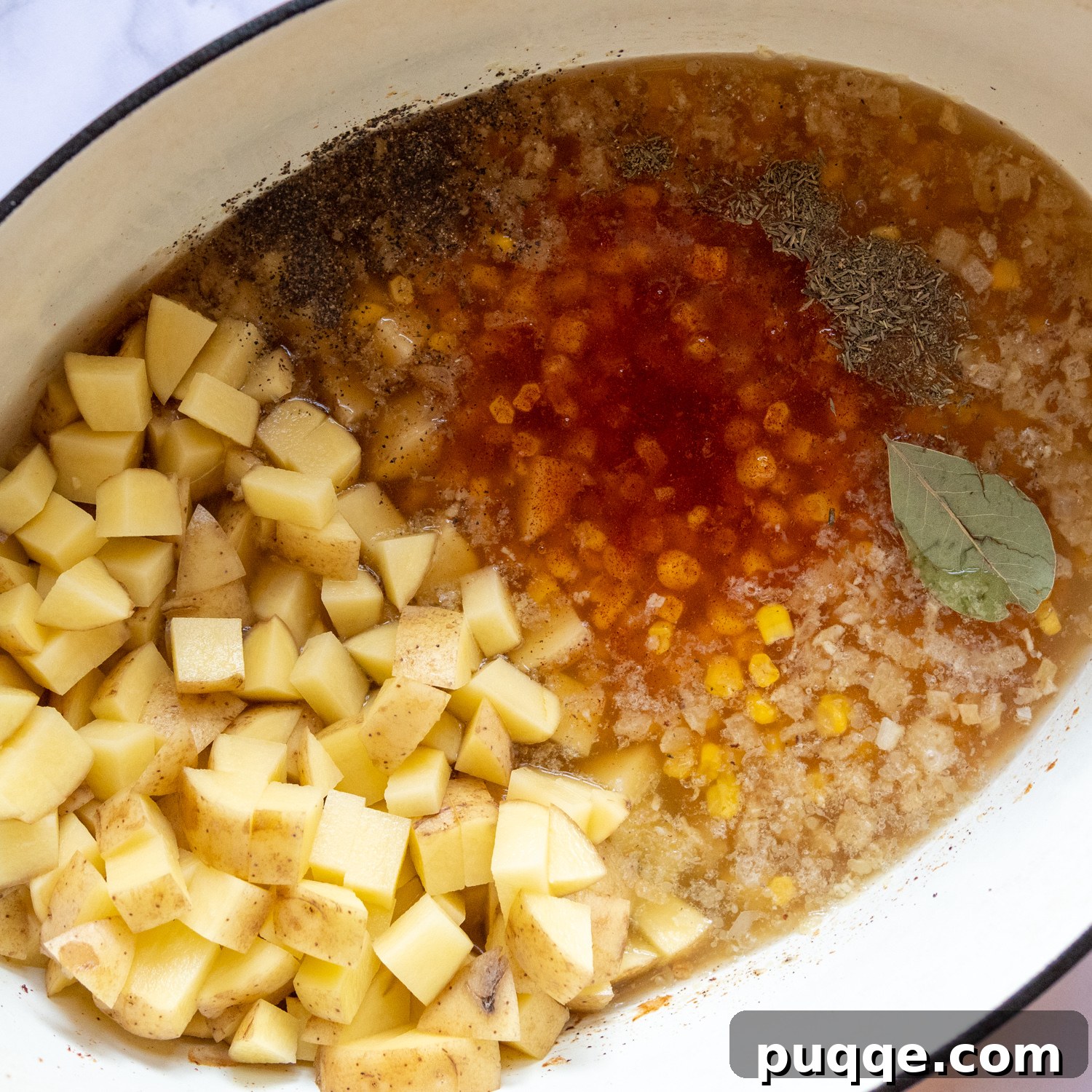 Adding potatoes, broth, and various spices to the cooking pot for the corn chowder.