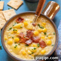 a close up of gluten free corn chowder in a brown soup bowl.
