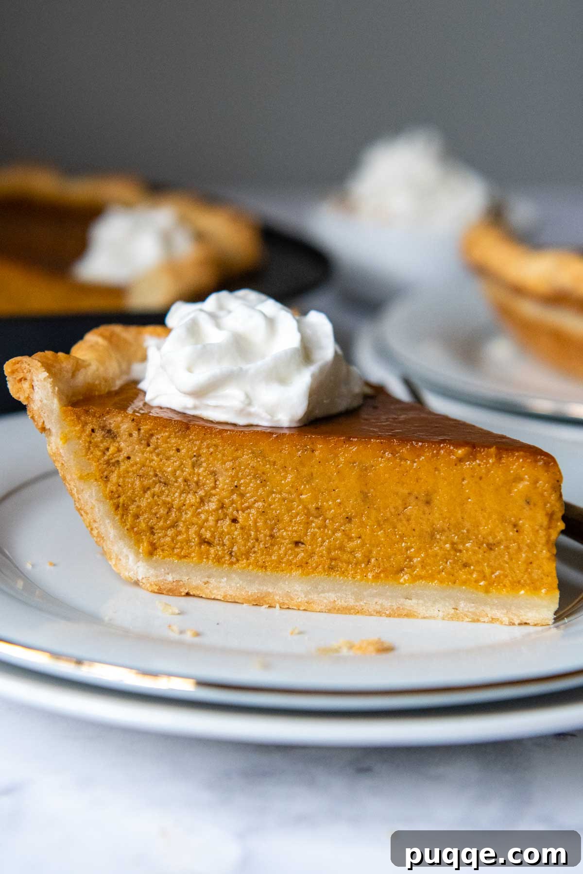 A pristine slice of gluten-free pumpkin pie on a white plate, showcasing its creamy filling and perfect crust.
