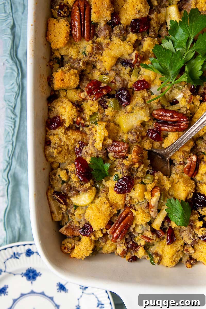A large serving spoon scooping into a golden gluten-free cornbread stuffing, highlighting its moist texture.
