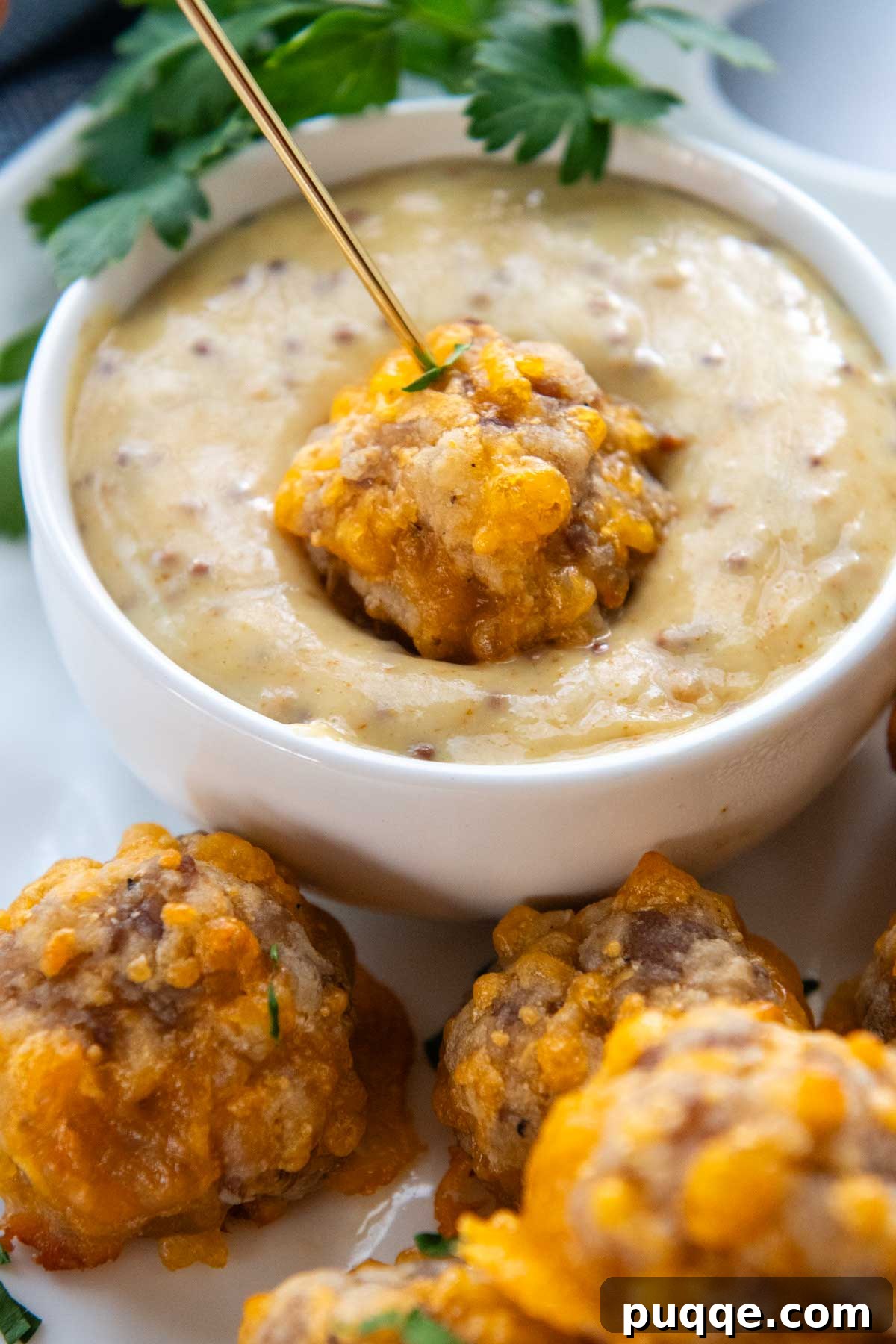 A golden gluten-free sausage ball being dipped into a rich honey mustard sauce, highlighting its appealing texture.