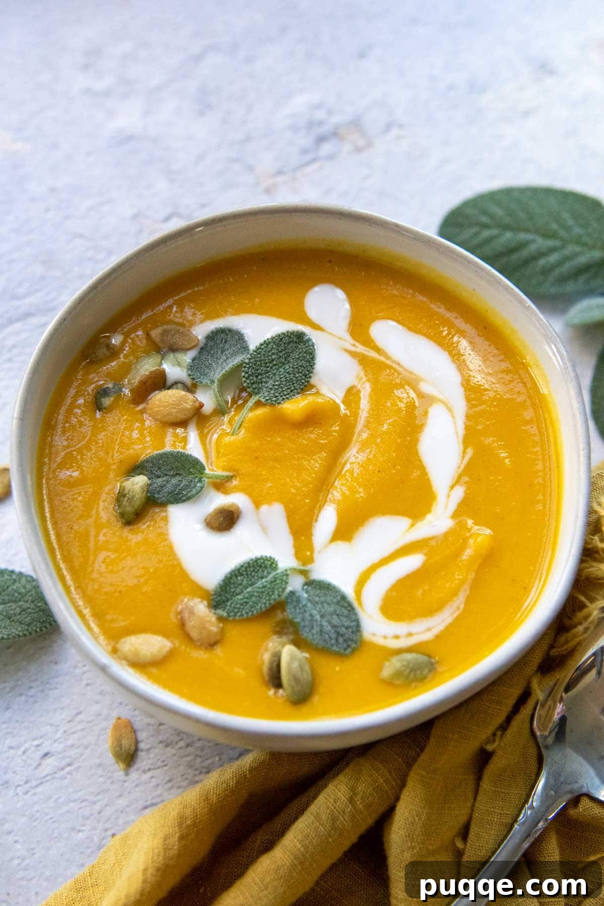 Butternut squash soup swirled with coconut milk and garnished with fresh sage leaves, served in a rustic bowl.