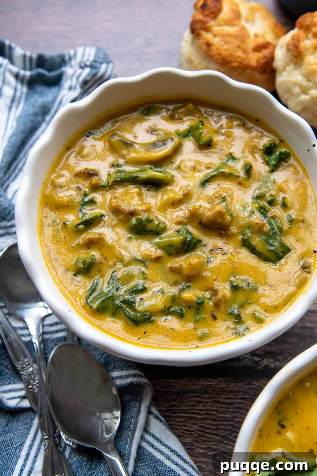 A hearty bowl of pumpkin sausage soup, with a blue napkin and biscuits in the soft background, creating a cozy autumn scene.