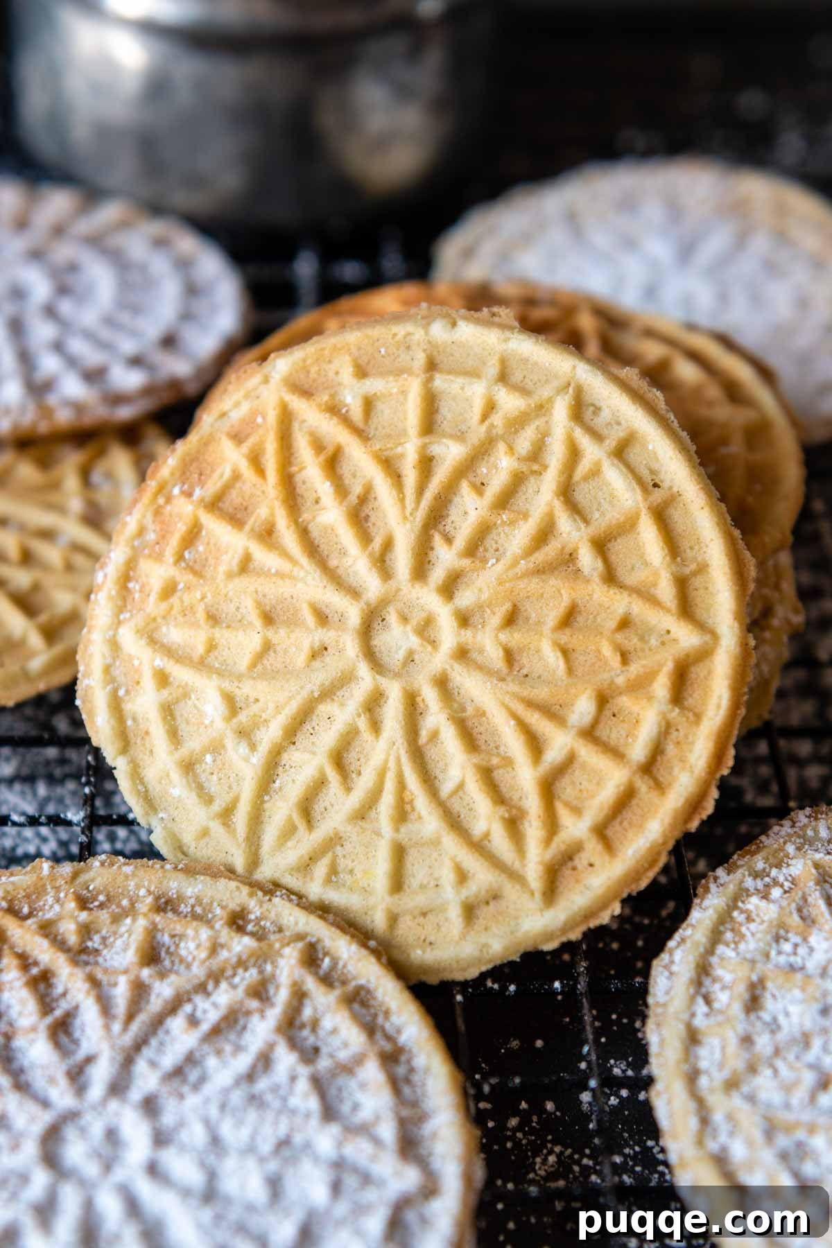 Crispy Gluten-Free Italian Pizzelle Cookies 2 A delicate gluten-free pizzelle cookie resting against a stack of others, adorned with a dusting of powdered sugar.