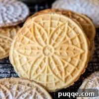 A gluten-free pizzelle leaning up against a stack with others around it, dusted with powdered sugar.