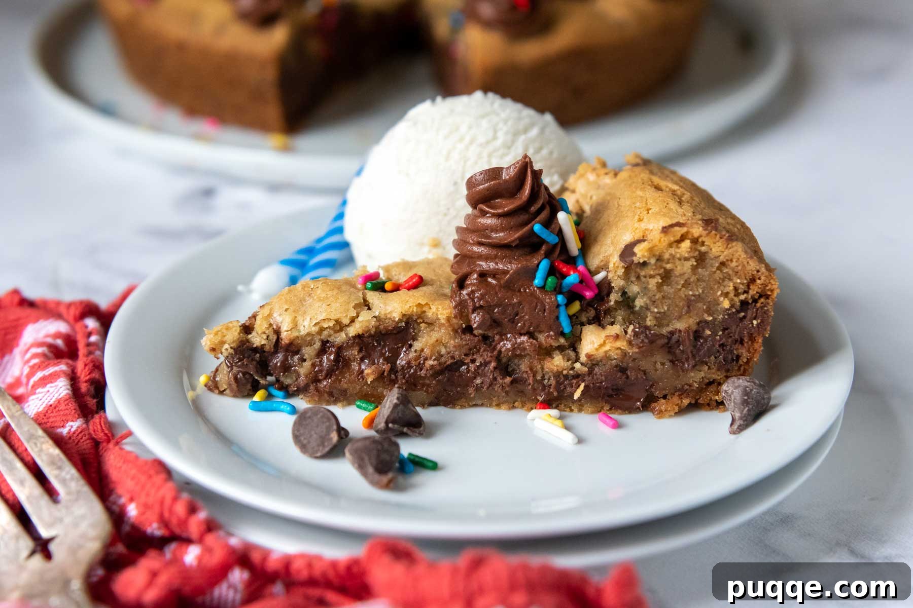 Irresistibly Soft Chewy and Moist Gluten Free Cookie Cake 6 up close of the cut edge of a cookie cake.