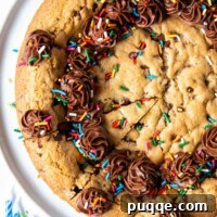 Irresistibly Soft Chewy and Moist Gluten Free Cookie Cake 7 overhead shot of gluten free cookie cake with sprinkles and frosting on top.