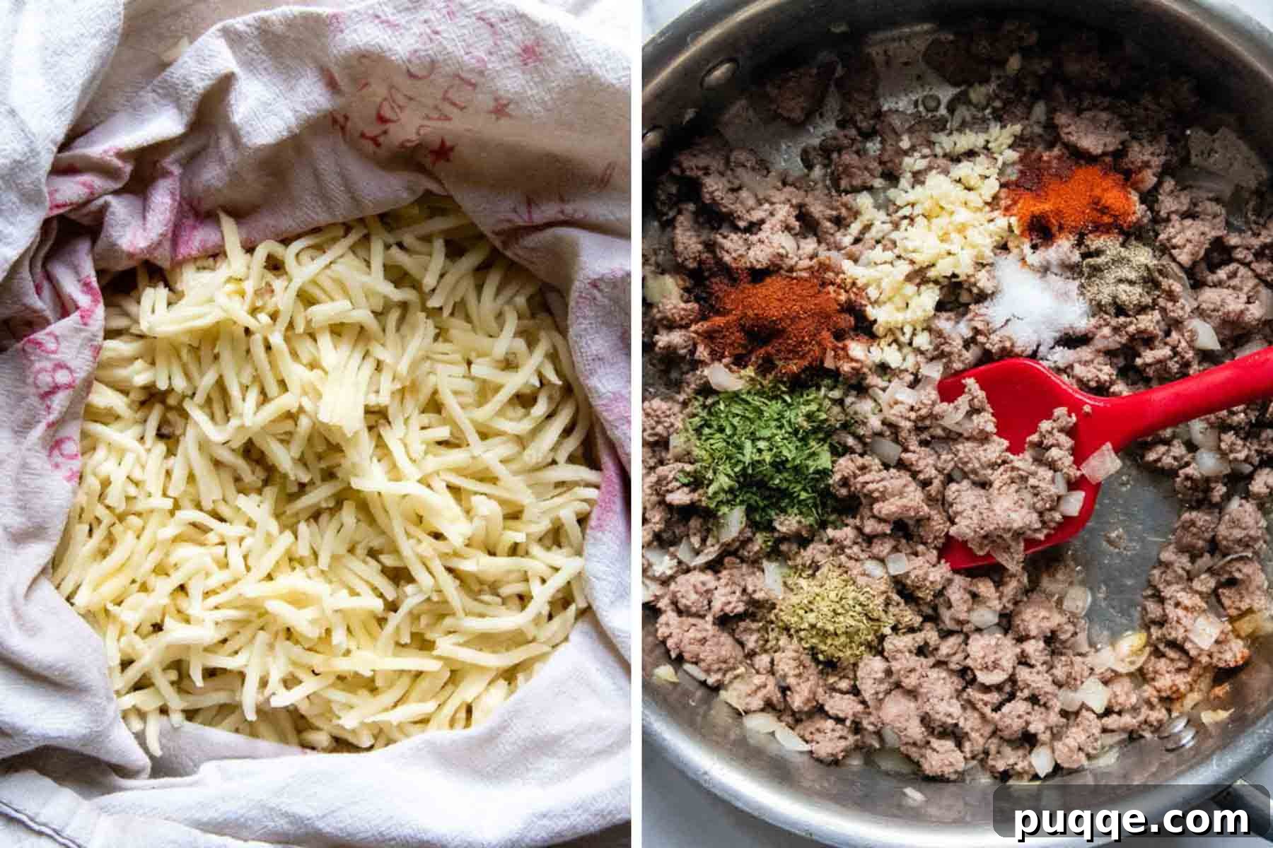 Easy Gluten Free Shepherd Pie 3 images showing how to prepare the flavorful meat filling for cottage pie.
