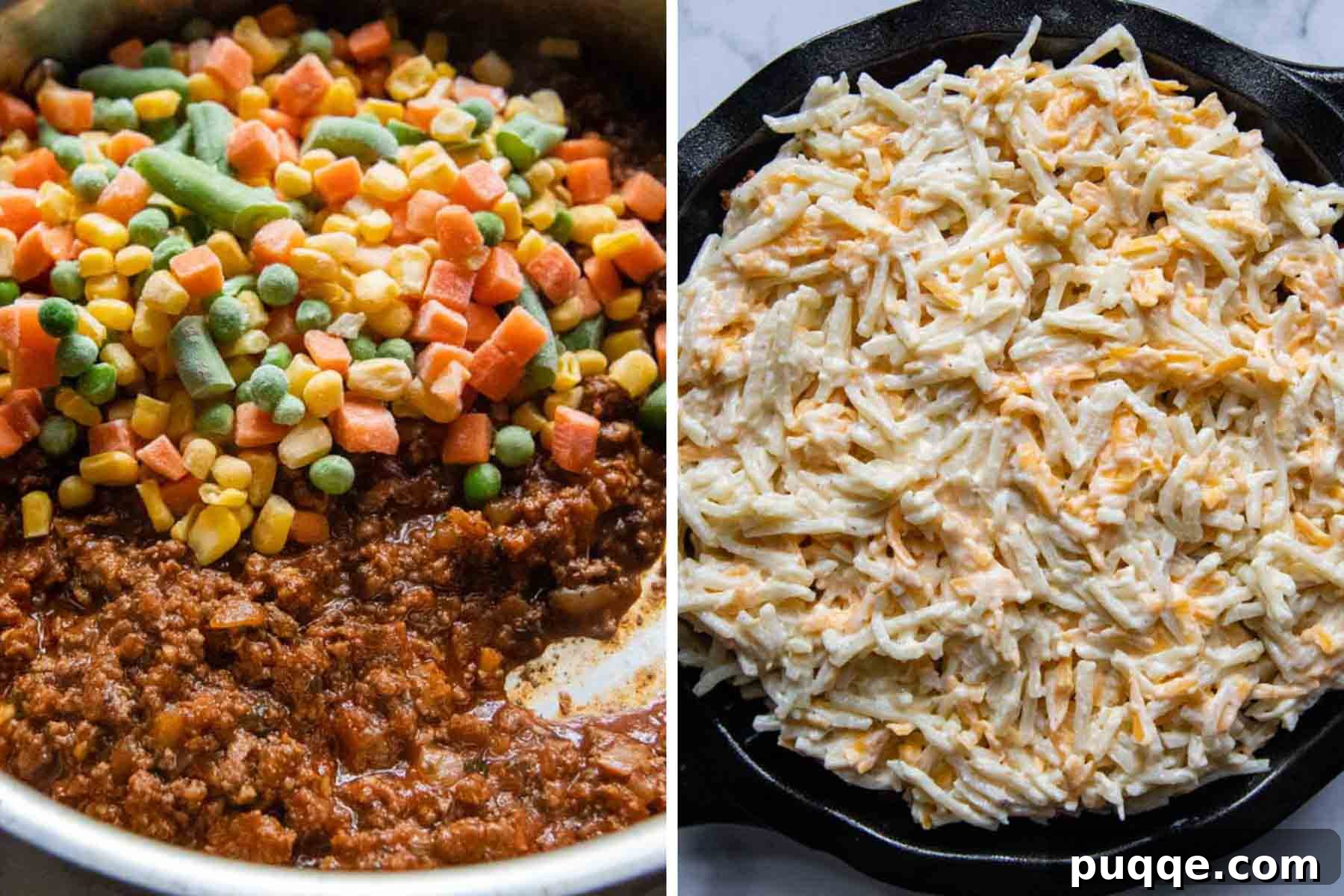 Easy Gluten Free Shepherd Pie 4 more images showing how to layer the meat filling and hash brown topping before baking.