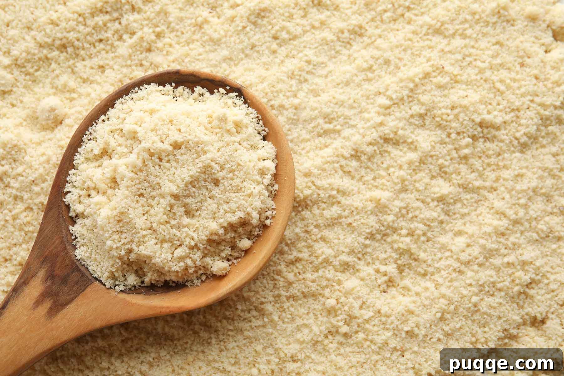 9 Steps to Super Fluffy Almond Flour 6 A wooden spoon with a scoop of light, fine almond flour.
