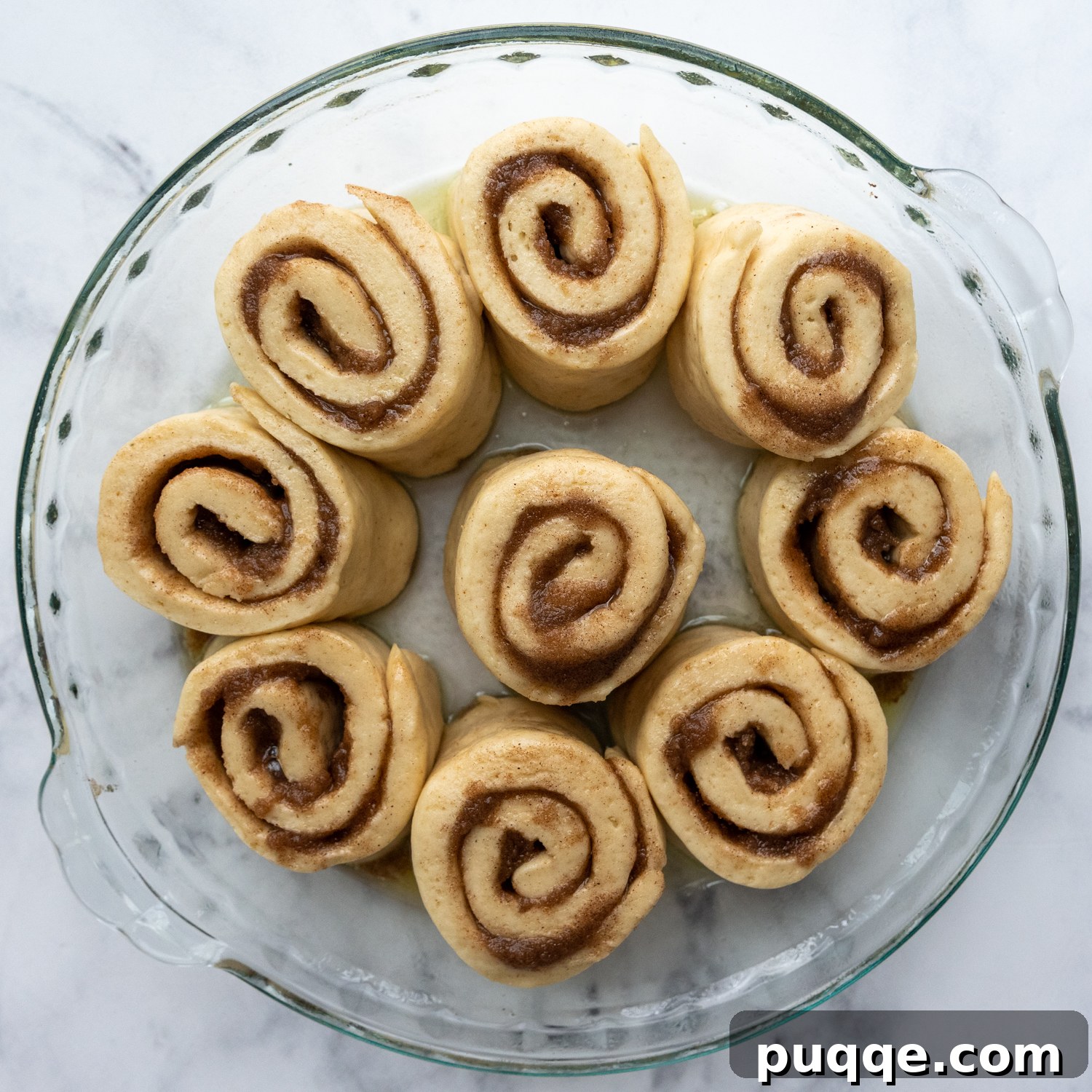 Cloud-Like Gluten-Free Cinnamon Rolls 8 Unbaked gluten-free cinnamon buns nestled closely in a glass baking pan before rising, ready for proofing.