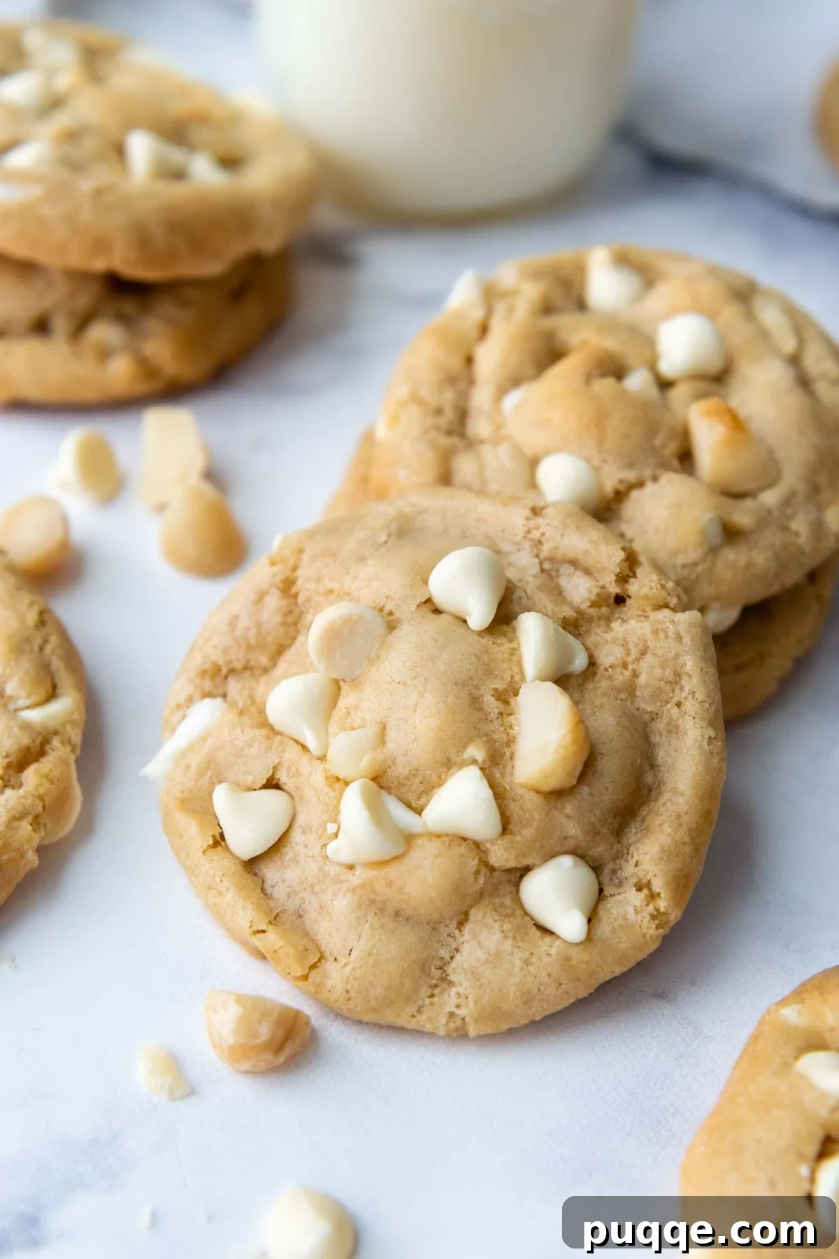 Melt-in-Your-Mouth Gluten-Free White Chocolate Macadamia Delights 2 Gluten-Free White Chocolate Macadamia Nut Cookies displayed on a white marble surface, surrounded by macadamia nuts and white chocolate chips.