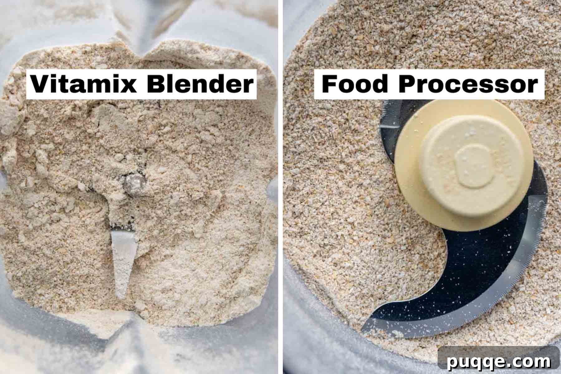 Mastering Fluffy Oat Flour: From Scratch to Smart Substitutes and Perfect Portions 3 A side-by-side comparison image showing oat flour made in a food processor versus a blender, highlighting the difference in texture.