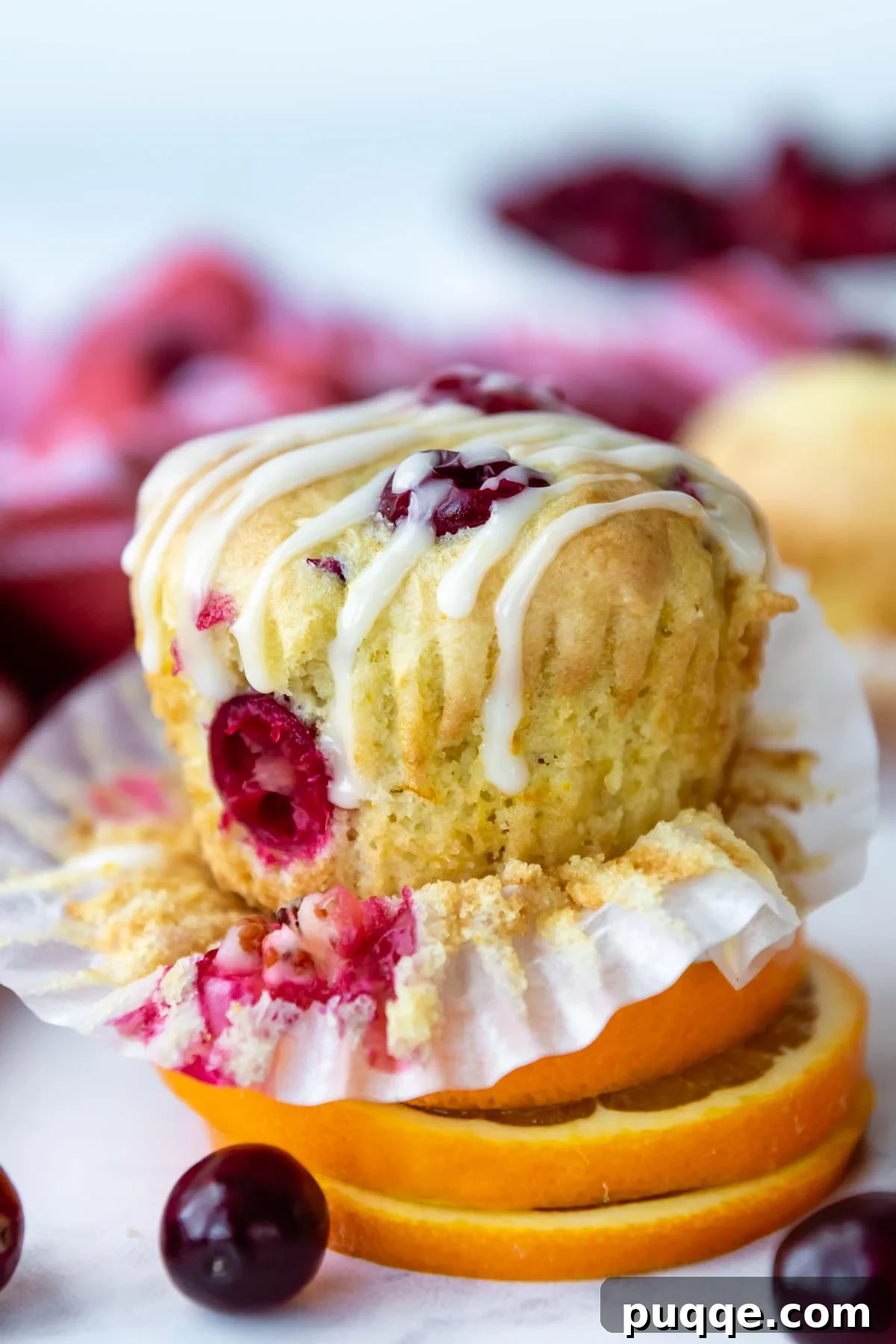 Ultimate Gluten-Free Cranberry Orange Muffins 7 A delightful gluten-free cranberry orange muffin, elegantly glazed, resting on fresh orange slices, showcasing its inviting texture.