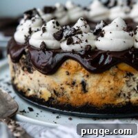 Velvet Smooth Gluten-Free Oreo Cheesecake Bliss 12 an uncut gluten free oreo cheesecake with ganache and whipped cream on top.