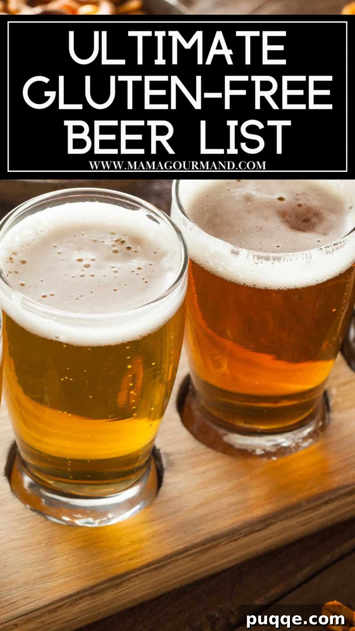 A selection of gluten-free beers in glasses, artfully arranged on a rustic wooden board, perfect for sharing with friends.