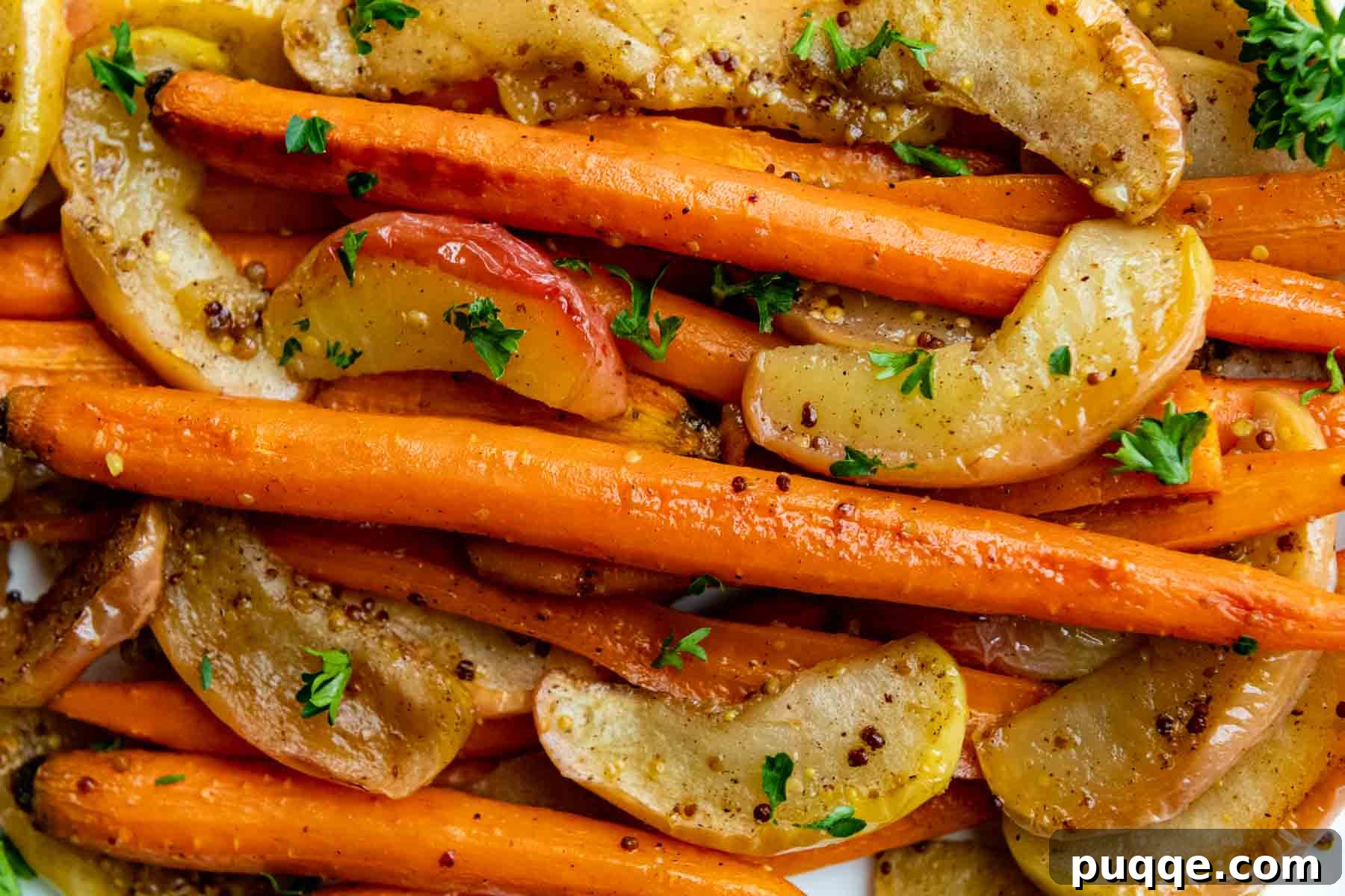 Roasted Carrots and Apples with Maple Dijon Glaze 5 A close-up of the finished roasted carrots and apples, garnished with fresh parsley, highlighting their golden caramelization.