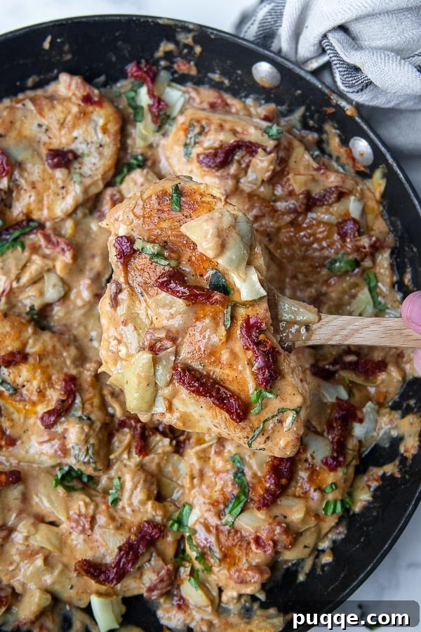 Pratik Kremalı Kurutulmuş Domatesli Enginarlı Tavuk 2 A wooden spoon holding up a piece of chicken from a pan of creamy sun dried tomato sauce with artichokes and basil.