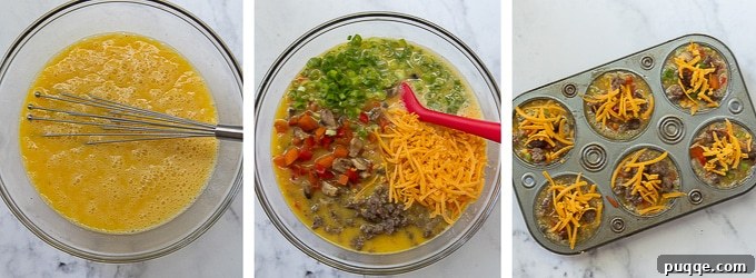 A visual guide showing the later steps of making breakfast egg muffins, including mixing ingredients and filling muffin tins.