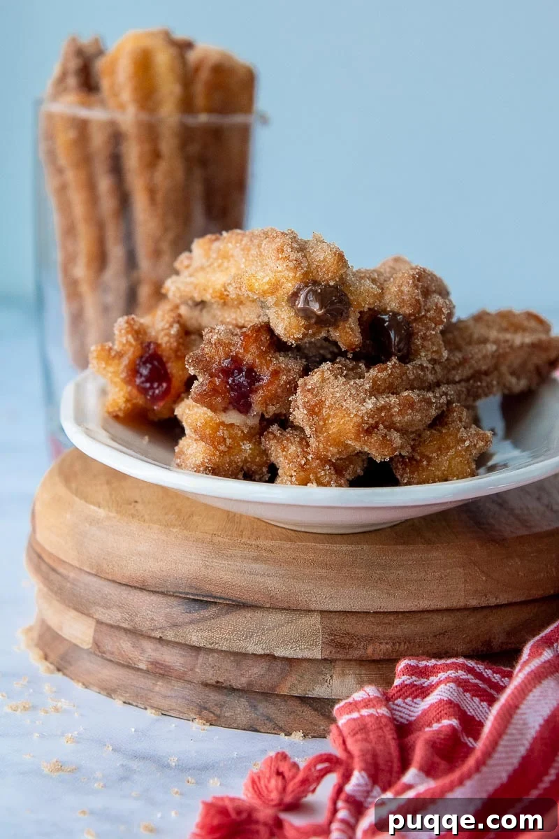 straight on shot of a plate full of filled stuffed churros with a red towel laying next to it