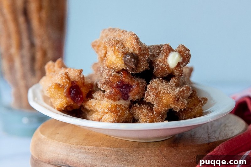 straight on close up of churros filled with chocolate, jelly, and cream