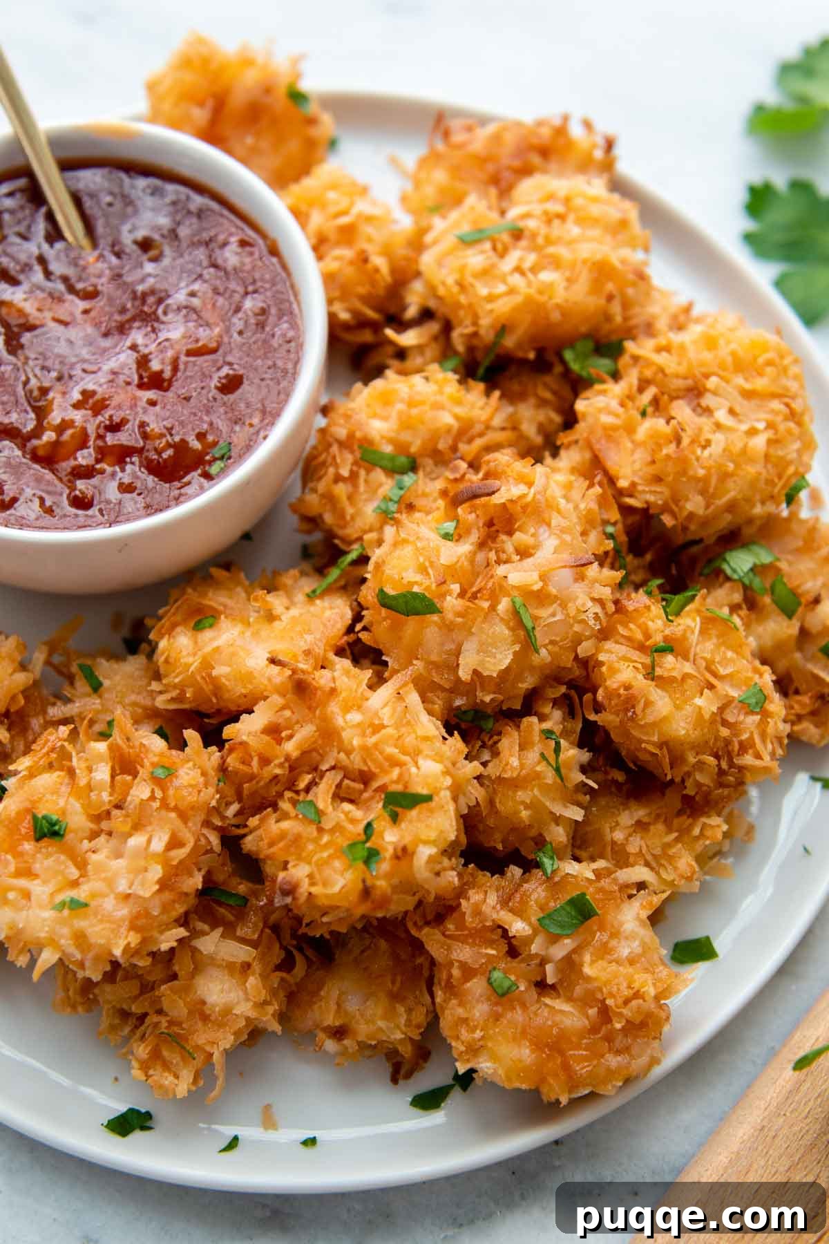 Golden Guilt-Free Coconut Shrimp: Oven or Air Fryer Crisp 2 A plate of gluten-free coconut shrimp with a vibrant dipping sauce alongside.