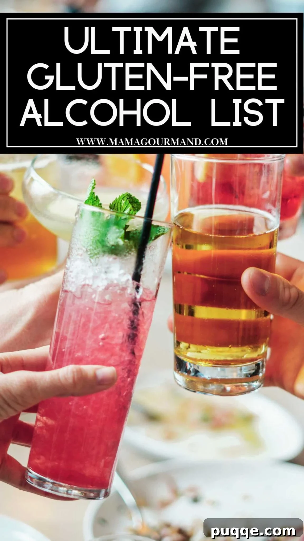 The Ultimate Gluten-Free Alcohol Choices for 2024 2 Several vibrant cocktails clinking together in a celebratory toast, indicating a guide to gluten-free alcohol options.