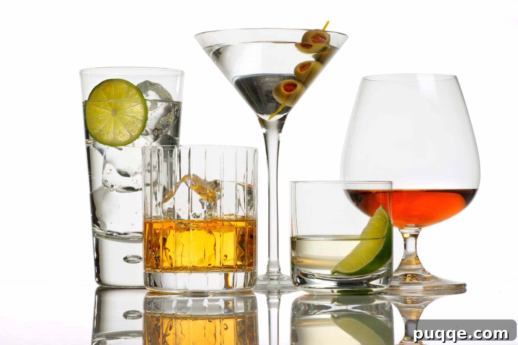The Ultimate Gluten-Free Alcohol Choices for 2024 3 Various refreshing cocktails arranged on a pristine white background, showcasing the diverse range of gluten-free alcohol options.