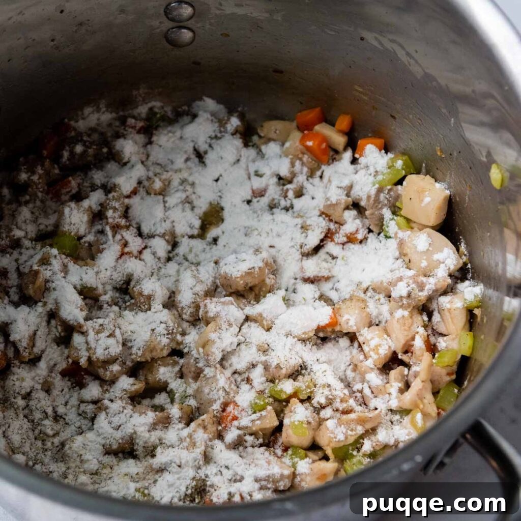 Effortlessly Flavorful Gluten-Free Chicken Noodle Soup 5 Sprinkling gluten-free flour and a blend of aromatic seasonings over the chicken and vegetables.