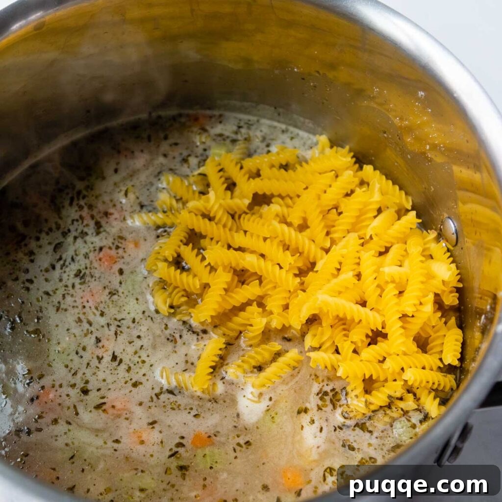 Effortlessly Flavorful Gluten-Free Chicken Noodle Soup 6 Adding gluten-free rotini pasta to the simmering chicken broth, followed by a final stir of evaporated milk for creaminess.