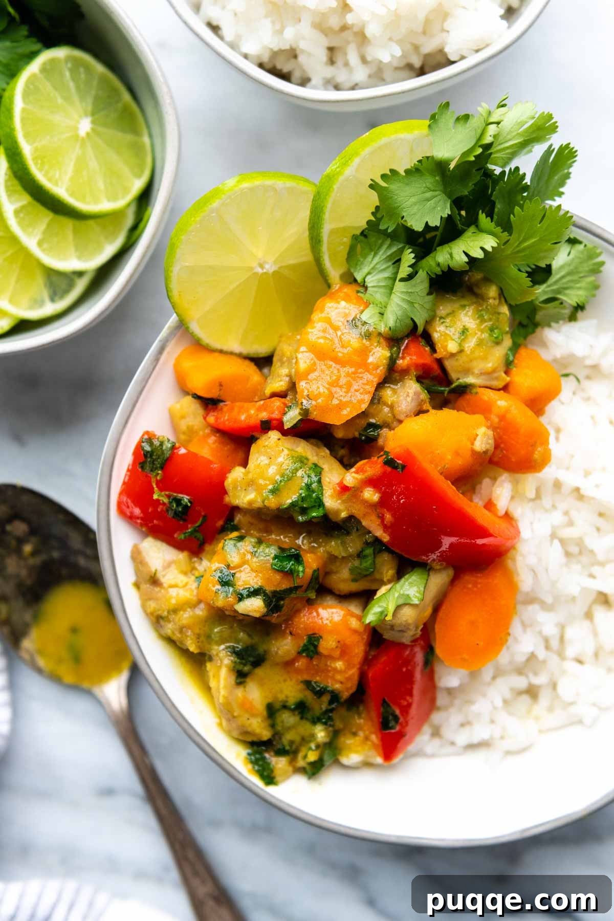 Your Go-To Gluten-Free Curry: Max Flavor, Minimal Effort 7 A serving of gluten-free coconut chicken curry over rice in a white bowl, ready to be enjoyed.