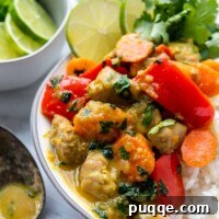 Close-up of the finished curry dish, highlighting its rich texture and vibrant colors.