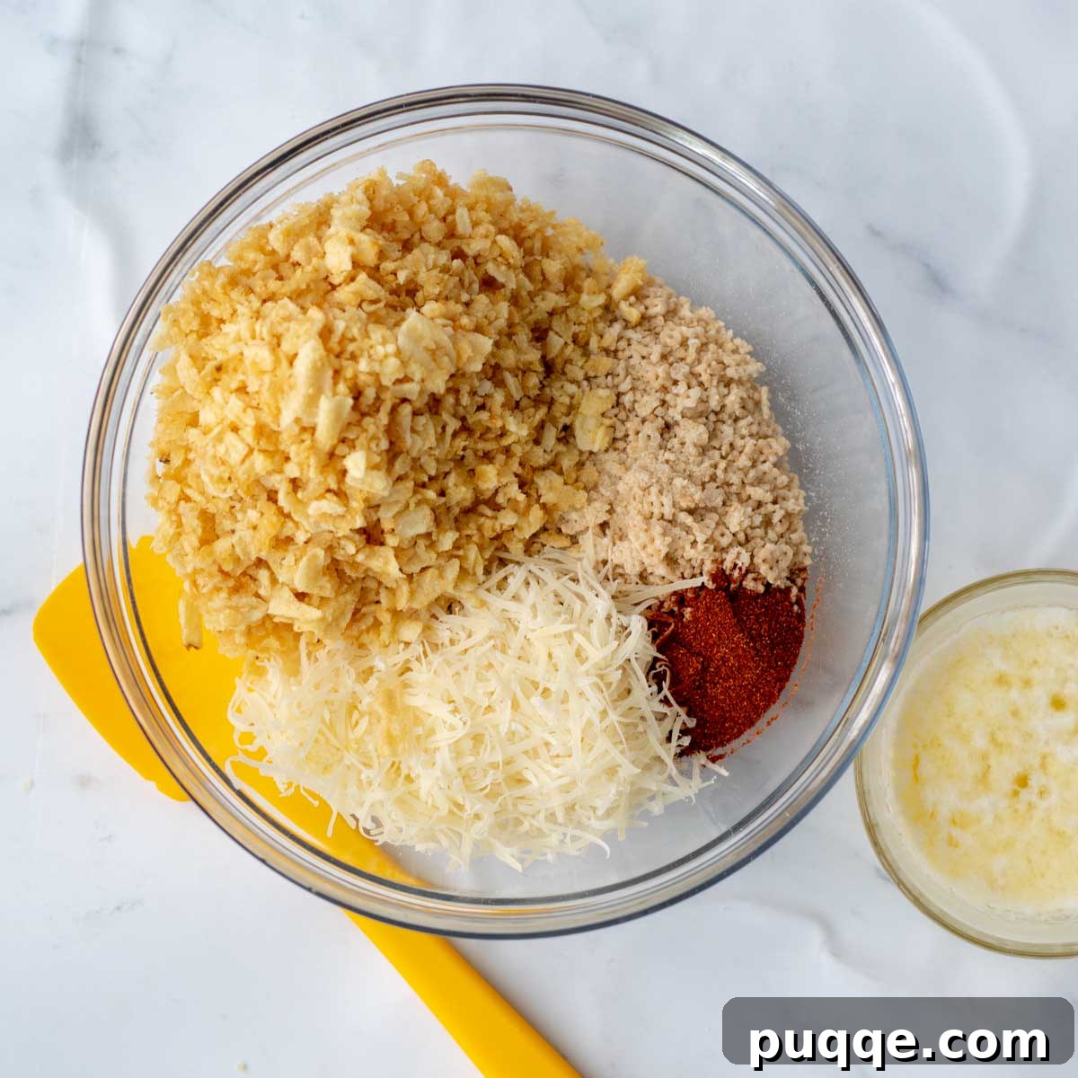 the crunchy ingredients for the topping with melted butter next to it.