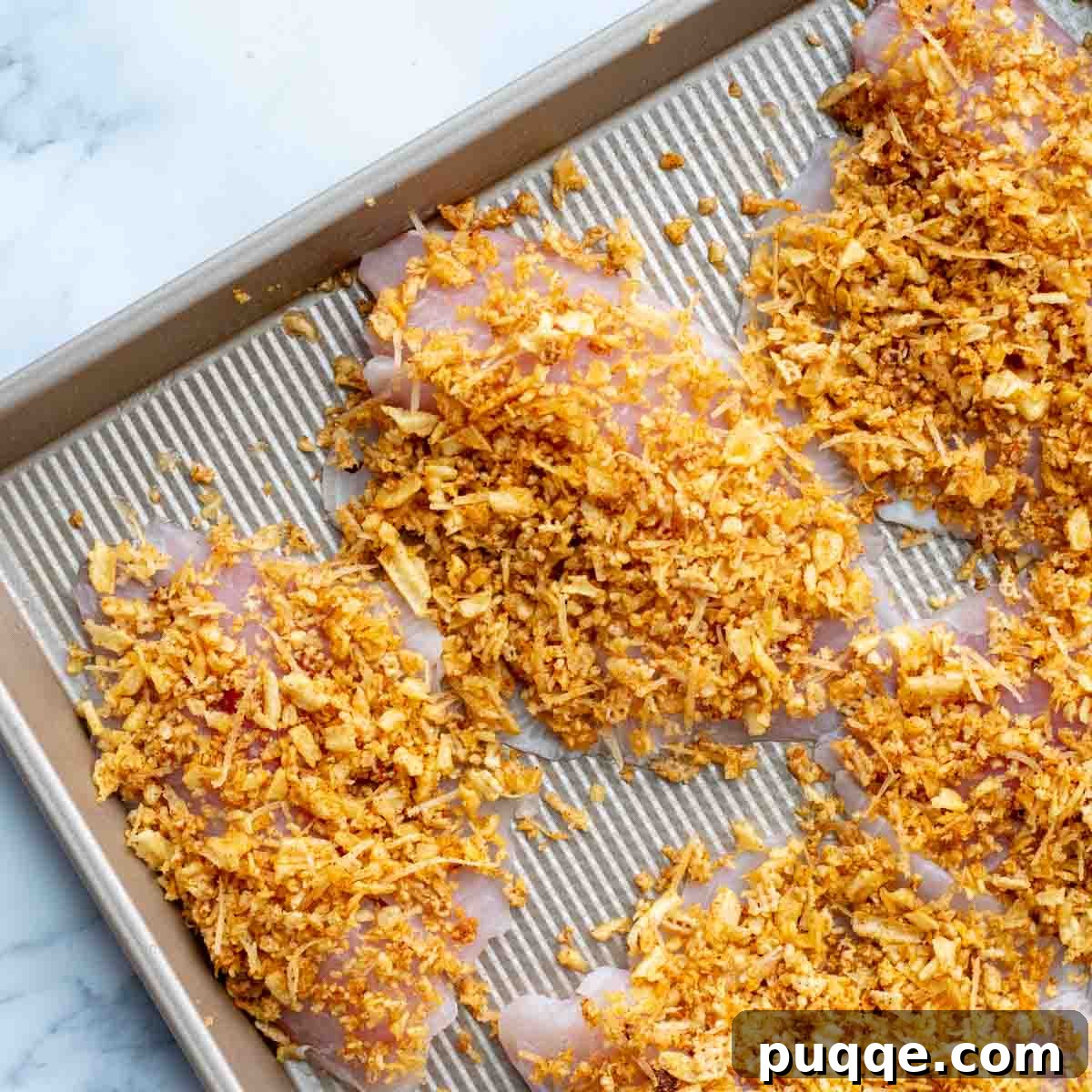 unbaked fish with topping on a baking sheet.