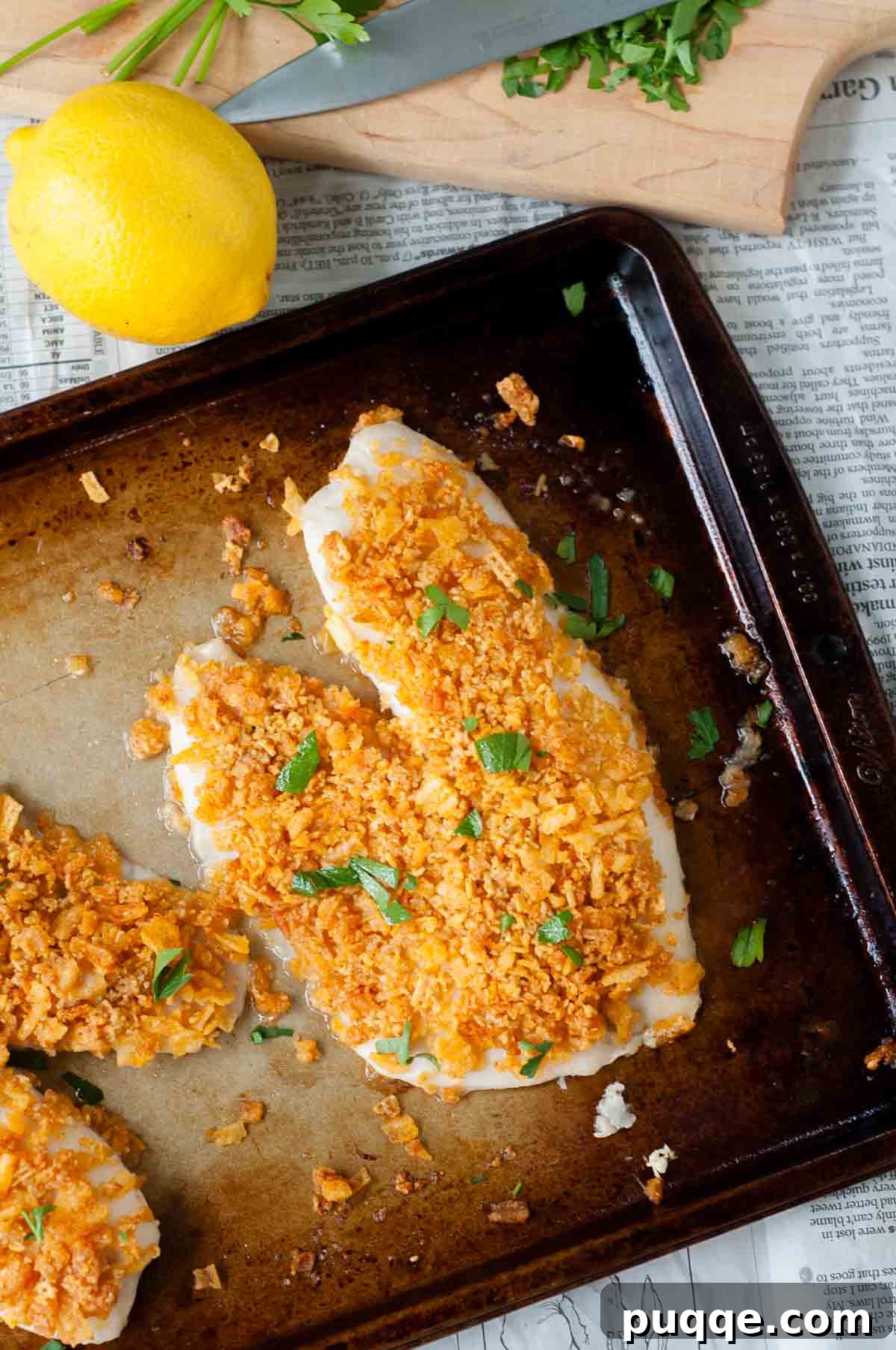 overhead shot of baked fish on a baking sheet.