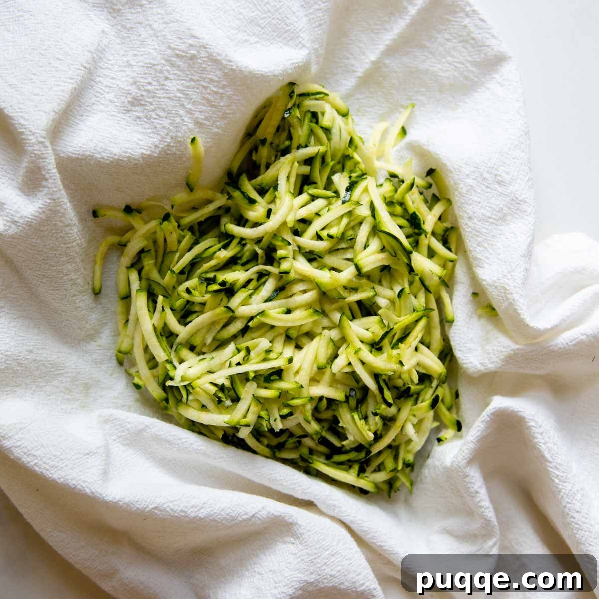 Grated zucchini being gently squeezed in a clean kitchen towel to remove excess moisture before being added to the muffin batter.