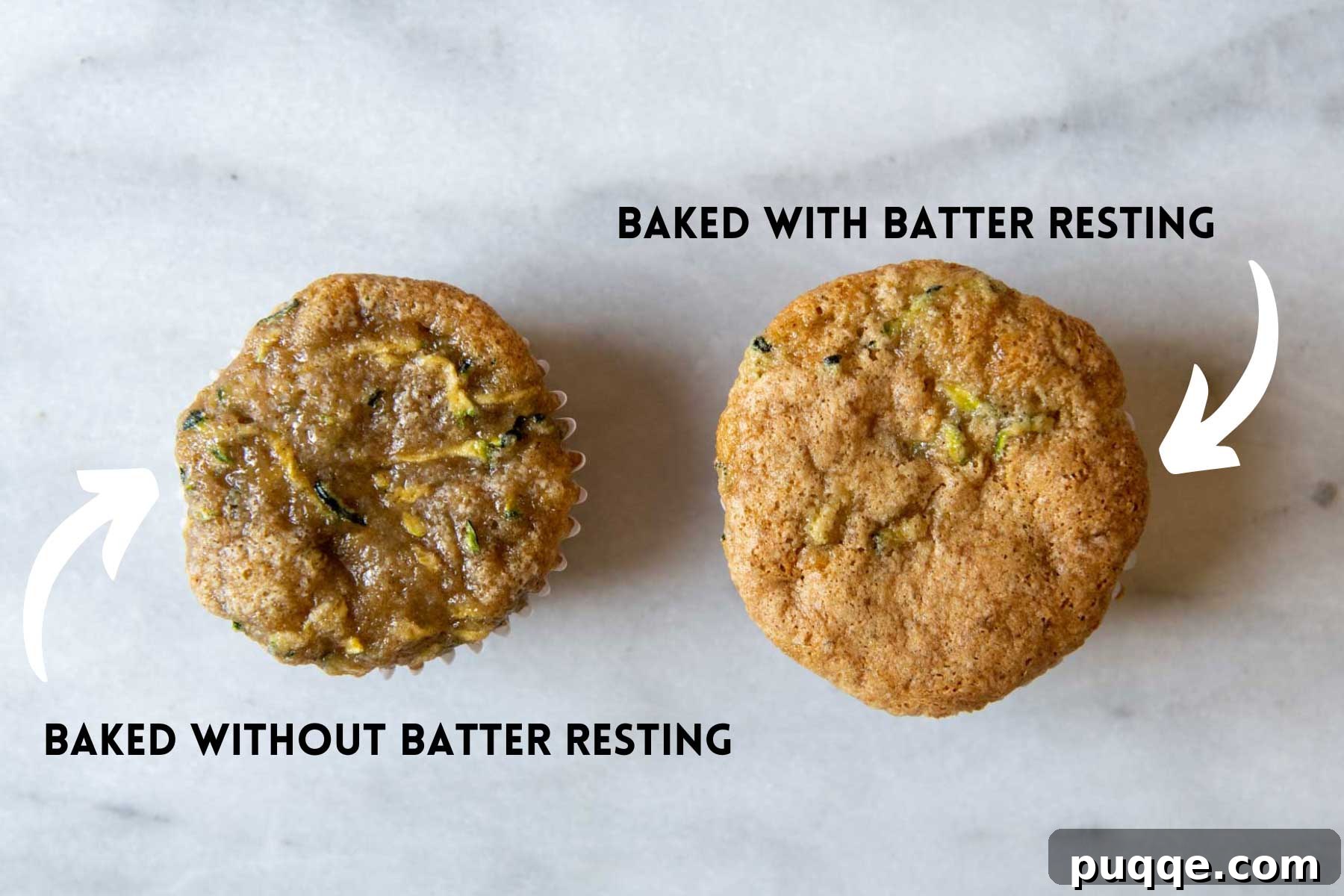 Two gluten-free zucchini muffins shown side-by-side; one baked immediately resulting in a shriveled, flat top, and the other baked after resting, showing a perfect rounded, fluffy top.