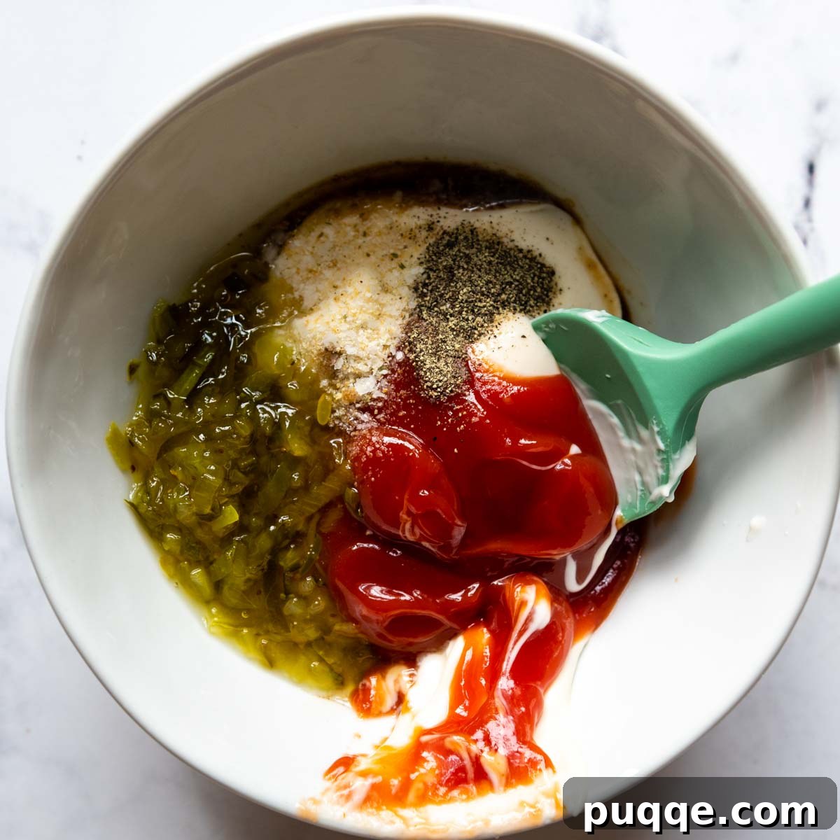 Gooey Cheeseburger Bowls with Crispy Bacon and Mystery Sauce 6 Individual ingredients laid out for making the special burger sauce: mayonnaise, ketchup, sweet relish, garlic salt, gluten-free Worcestershire sauce, and black pepper.