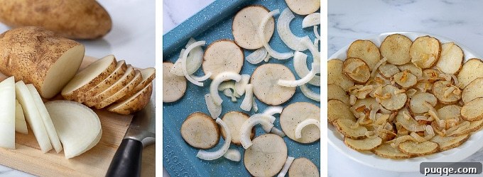 Golden Potato Frittata 4 Sequential images demonstrating the preparation of potato frittata: first, raw potatoes and onions are sliced, then mixed in a bowl with olive oil, salt, and pepper, ready for roasting.
