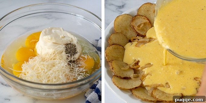 Golden Potato Frittata 5 Images showing the next steps in making potato frittata: ingredients for the egg filling are whisked in a bowl, then the mixture is poured over the roasted potatoes arranged in a pie dish.