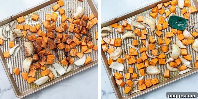 Sheet Pan Italian Sausage and Sweet Potato Bake 4 Step-by-step image showing chopped sweet potatoes and onions tossed with olive oil and spices on a baking sheet.