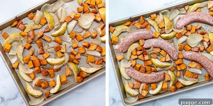 Sheet Pan Italian Sausage and Sweet Potato Bake 5 Step-by-step image showing pears added to the baking sheet with sweet potatoes and onions, ready for the sausage.