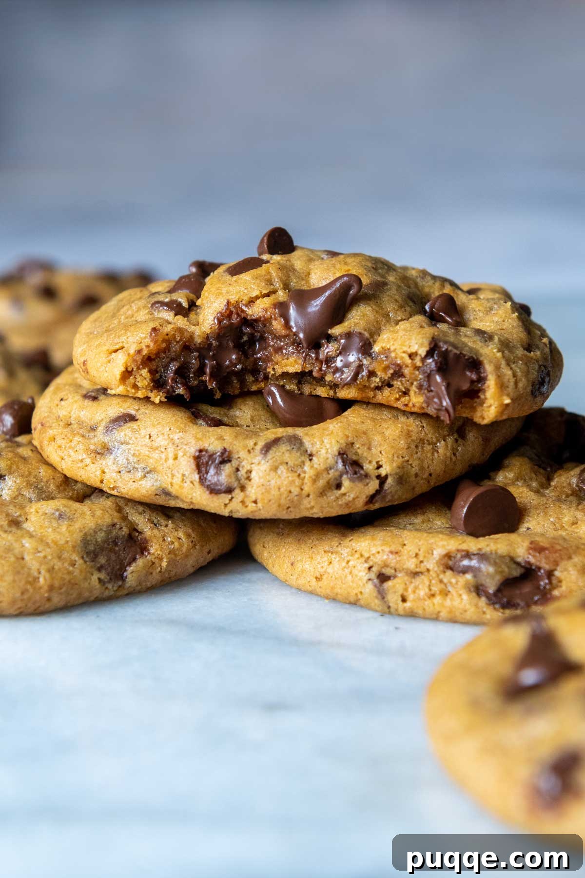 The Ultimate Chewy Gluten-Free Pumpkin Cookies 8 A close-up shot of a gluten-free pumpkin chocolate chip cookie with a bite taken out, revealing its moist, chewy interior and melted chocolate.