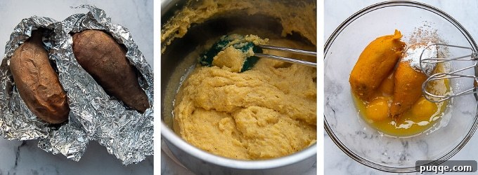Simple Sweet Potato Spoon Bread Delight 3 Collage of images showing the initial stages of making sweet potato spoon bread, including preparing sweet potatoes and cooking cornmeal mixture.