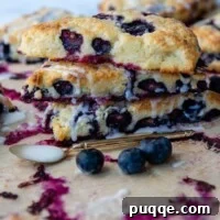 A stack of gluten-free blueberry scones with berries scattered around