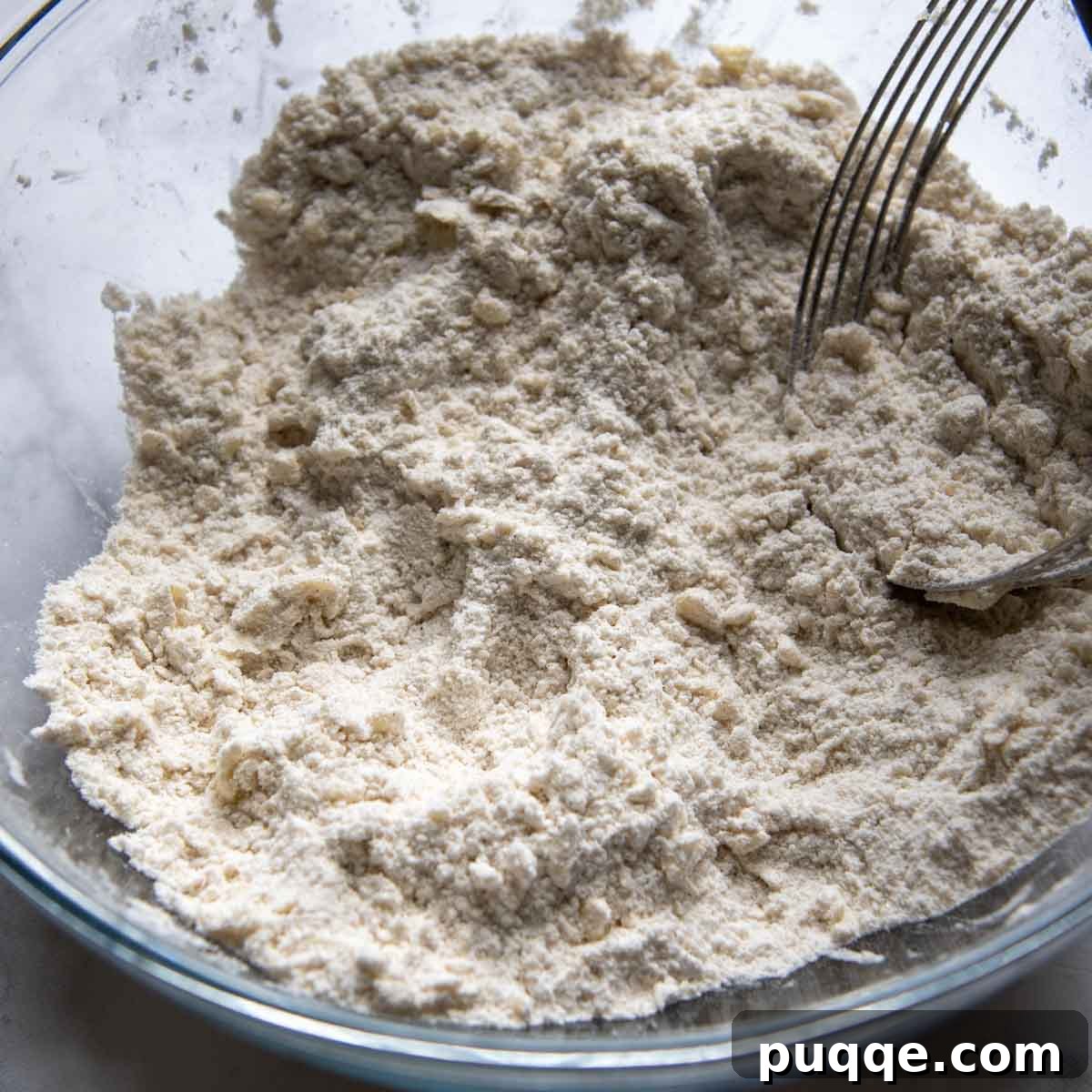 A pastry blender cutting cold butter into dry ingredients for scone dough.