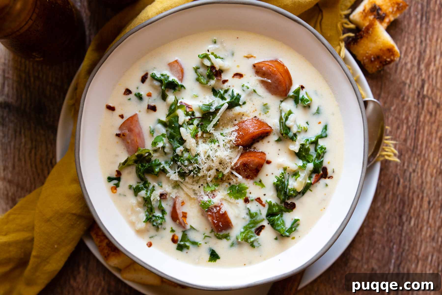 Bowl of creamy kale and sausage soup on a wooden surface with a gold napkin.